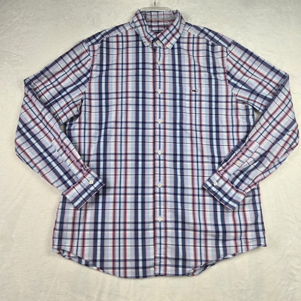 Vineyard Vine's Mens Blue Pink Classic Fit Tucker Shirt Large Plaid Long‎ Sleeve